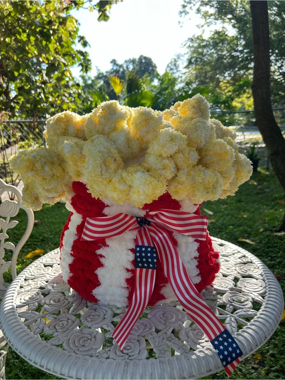 Hand Crafted Red White & Yellow Pom-Pom Decorative Throw Accent